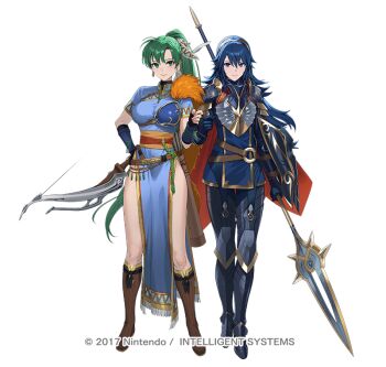 2girls armor arrow_(projectile) black_gloves blue_dress blue_eyes blue_gloves blue_hair blue_tunic boots bow_(weapon) breasts cape closed_mouth cuboon dress earrings fingerless_gloves fire_emblem fire_emblem:_the_blazing_blade fire_emblem_awakening fire_emblem_heroes fist_bump gloves green_eyes green_hair hair_between_eyes high_ponytail holding holding_bow_(weapon) holding_polearm holding_shield holding_weapon jewelry lance large_breasts long_hair looking_at_viewer lucina_(fire_emblem) lucina_(glitters_of_hope)_(fire_emblem) lyn_(fire_emblem) lyn_(glitters_of_hope)_(fire_emblem) medium_breasts multiple_girls nintendo official_art pants pelvic_curtain polearm ponytail quiver red_cape shield side_slit simple_background smile tiara tunic very_long_hair weapon white_background