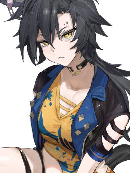 Rule 34 | 1girl, absurdres, air shakur (umamusume), air shakur (unsigned) (umamusume), animal ear piercing, animal ears, black choker, black jacket, breasts, choker, closed mouth, commentary request, ear ornament, eyebrow piercing, face piercing, fagrp12, hair between eyes, highres, horse ears, horse girl, horse tail, jacket, long hair, looking at another, looking at viewer, multicolored shirt, pendant choker, piercing, shirt, simple background, sitting, small breasts, solo, tail, thigh strap, umamusume, v-shaped eyebrows, white background, yellow shirt