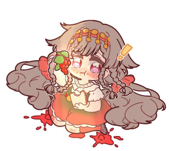 ! 1girl :t bread bread_slice chibi eating food food_on_face fruit full_body grey_hair hairband hand_up highres holding holding_food holding_fruit long_hair low_twintails miniskirt nijiiro_diary raspberry red_eyes red_hairband red_skirt red_socks reverse:1999 rubuska shirt short_sleeves sitting skirt socks solo toast twintails very_long_hair wariza white_background white_shirt
