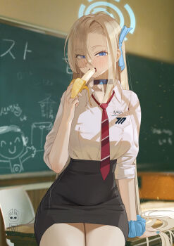 Rule 34 | 1girl, absurdres, asuna (blue archive), asuna (school uniform) (blue archive), banana, black skirt, blonde hair, blue archive, blue eyes, blue halo, blush, breasts, choker, collarbone, commentary, doodle sensei (blue archive), eating, eyes visible through hair, food, fruit, hair over one eye, halo, highres, large breasts, long hair, looking at viewer, midfinger, necktie, open mouth, pencil skirt, red necktie, scrunchie, sensei (blue archive), shirt, signature, sitting, sitting on table, skirt, sleeves rolled up, solo, thighs, very long hair, white shirt, wrist scrunchie