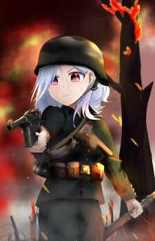 1girl ammunition_pouch artist_name barbed_wire belt bolt_action combat_helmet explosive fire grenade gun handgun helmet highres holding holding_weapon holster mauser_98 mauser_c96 medium_hair military military_uniform original parted_lips pistol pollux_ls pouch red_eyes rifle stahlhelm tree war weapon white_hair world_war_i