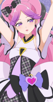 1girl absurdres arms_up black_bow black_dress black_gloves black_hair bow clothing_cutout commentary cure_kiss dress earrings gloves hair_bow hakuino_hakase half-closed_eyes heart_pouch highres jewelry kimi_to_idol_precure long_hair meroron_(precure) multicolored_hair musical_note open_mouth pink_hair precure purple_dress purple_eyes purple_hair shoulder_cutout solo two-tone_dress two-tone_hair very_long_hair