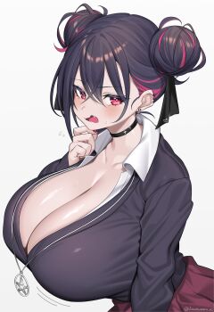 1girl absurdres black_hair breasts cleavage collarbone colored_inner_hair hair_between_eyes highres huge_breasts hz_(666v) jewelry kobeni-chan_(hz_(666v)) large_breasts looking_at_viewer mole mole_on_collarbone multicolored_hair necklace original pentagram red_eyes red_hair school_uniform shirt short_hair simple_background smile solo spiked_ear_piercing tongue tongue_out two-tone_hair white_background wolf_cut