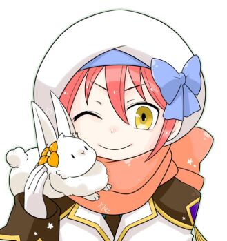 1boy animal animal_on_shoulder blue_bow bow brown_cape cape closed_mouth commentary_request genetic_(ragnarok_online) gloves hat hat_bow jacket looking_at_viewer male_focus oekakipikki official_alternate_costume one_eye_closed orange_scarf pink_hair portrait rabbit ragnarok_online scarf short_hair simple_background smile solo tam_(ragnarok_online) v-shaped_eyebrows white_background white_gloves white_hat white_jacket yellow_eyes