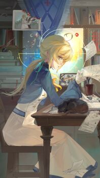 1girl absurdres aqua_jacket book book_stack bookshelf breasts brown_eyes brown_hair burning burning_photo cat chair claudia_ashley closed_mouth cyril_ashley diagram dim_lighting eyebrows_hidden_by_hair felix_arc_ridill from_side gloves golden_spiral group_picture hair_between_eyes highres holding holding_paper inkwell isabelle_norton jacket lana_colette long_hair looking_at_viewer looking_to_the_side monica_everett nero_(silent_witch) paper portrait qin&#039;ai_de_xiong_xiansheng quill school_uniform silent_witch sitting skirt small_breasts table vest white_gloves white_skirt white_vest