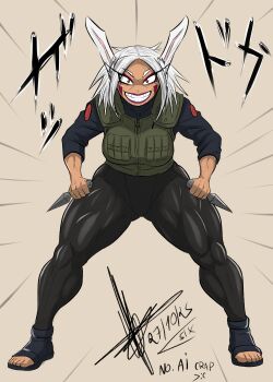 boku_no_hero_academia claire_stanfield cosplay dark-skinned_female dark_skin eyeliner facial_mark full_body green_vest homelesssix inuzuka_tsume inuzuka_tsume_(cosplay) kunai long_hair mirko muscular muscular_female muscular_legs naruto_(series) naruto_shippuuden padded_vest pants purple_eyeliner purple_lips short_hair simple_background solo thick_thighs thighs tight_clothes tight_pants vest watermark weapon white_hair