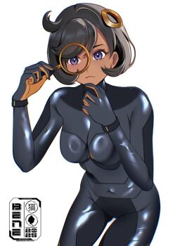 1girl 2025 :3 beneceadraws black_bodysuit black_hair bodysuit breasts closed_mouth commentary covered_navel dark-skinned_female dark_skin emma_(pokemon) english_commentary gloves hair_ornament holding holding_magnifying_glass latex latex_bodysuit leaning_forward looking_at_viewer magnifying_glass medium_breasts mega_stone nintendo no_jacket pokemon pokemon_legends:_z-a purple_eyes short_hair side_ahoge simple_background solo thighs white_background