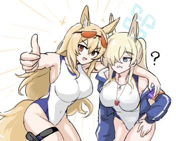 Rule 34 | 2girls, ?, animal ear fluff, animal ears, arknights, armband, blonde hair, blue archive, blue eyes, blue halo, breasts, commentary, competition swimsuit, covered navel, cowboy shot, dog ears, dog girl, english commentary, extra ears, eyewear on head, garter belt, hair between eyes, hair over one eye, halo, hand on another's shoulder, hand on own thigh, horse ears, horse girl, horse tail, implied extra ears, kanna (blue archive), kanna (swimsuit) (blue archive), large breasts, large tail, lifeguard, long hair, looking at viewer, multiple girls, nearl (arknights), nearl (shimmering dew) (arknights), notched ear, official alternate costume, one-piece swimsuit, open mouth, orange eyes, ponytail, purple armband, sharp teeth, simple background, star (symbol), sunglasses, swimsuit, tail, teeth, thumbs up, toyyot, whistle, whistle around neck, white background, white one-piece swimsuit