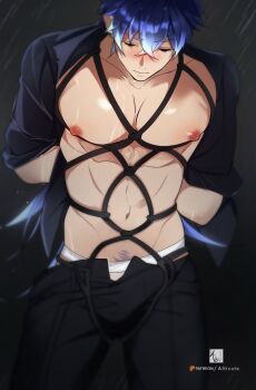 1boy abs alticute black_pants blue_hair closed_eyes earrings flins_(genshin_impact) genshin_impact hair_between_eyes highres jewelry male_focus male_underwear multicolored_hair muscular muscular_male navel nipples open_clothes open_shirt pants pubic_hair rain shibari short_hair solo stomach streaked_hair underwear water_drop