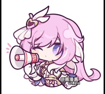 1girl :d :o animated animated_gif artist_name chibi chibi_only chinese_commentary closed_eyes commentary_request cropped_torso diamond-shaped_pupils diamond_(shape) elysia_(herrscher_of_human:_ego)_(honkai_impact) elysia_(honkai_impact) eta gloves hair_ornament heart heart_hair_ornament holding holding_megaphone honkai_(series) honkai_impact_3rd long_hair megaphone one_eye_closed open_mouth pink_hair purple_eyes simple_background smile solo symbol-shaped_pupils upper_body watermark white_background white_gloves