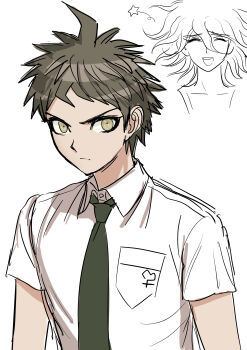 Rule 34 | 2boys, :d, absurdres, ahoge, breast pocket, brown eyes, brown hair, collared shirt, commentary request, danganronpa (series), danganronpa 2: goodbye despair, green necktie, hair between eyes, highres, hinata hajime, komaeda nagito, male focus, multiple boys, necktie, open mouth, pocket, shirt, short hair, short sleeves, smile, uranagi (uranaginasi), white shirt