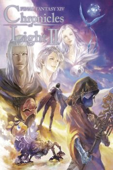 1girl 4boys adventurer_(ff14) alpha_(ff14) bird cape chocobo copyright_name cover cover_page crystal_exarch crystallization emet-selch final_fantasy final_fantasy_xiv g&#039;raha_tia highres holding holding_staff hood hood_up hythlodaeus itahana_toshiyuki long_hair material_growth medium_hair meteion multiple_boys official_art omega_(final_fantasy) paladin_(final_fantasy) staff standing venat_(ff14) warrior_of_light_(ff14) white_cape white_hair yellow_eyes