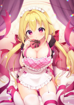 Rule 34 | 1girl, :o, aoi yun, apron, arm support, bed sheet, blonde hair, blush, bow, box, breasts, cleavage, commentary request, curtains, frilled apron, frilled pillow, frills, gift, gift box, hair between eyes, hair bow, hair intakes, heart, heart-shaped box, highres, holding, holding gift, large breasts, long hair, low twintails, maid headdress, no shoes, original, parted lips, pillow, puffy short sleeves, puffy sleeves, purple eyes, purple ribbon, red bow, revision, ribbon, short sleeves, sitting, solo, thighhighs, twintails, very long hair, wariza, white apron, white thighhighs