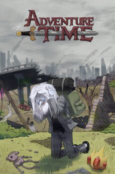 1boy adventure_time backpack bag bare_tree beard belt black_vest blue_eyes bush coat copyright_logo crown debris facial_hair glasses grey_coat hand_on_own_head highres hill kneeling logo long_hair male_focus on_ground open_mouth outdoors parody post-apocalypse ramadartt ruins shadow sharp_teeth simon_petrikov skyline smoke stuffed_toy teeth title_parody tree vest white_hair