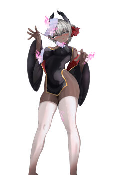 1girl absurdres alternate_costume arknights artist_name bare_shoulders black_sleeves blush breasts china_dress chinese_clothes chinese_commentary closed_mouth commentary_request dark-skinned_female dark_skin detached_sleeves dress feet_out_of_frame fingernails fire grey_eyes grey_hair hair_between_eyes hands_up highres jiangshi long_sleeves magic medium_breasts nail_polish ofuda ofuda_on_head pelvic_curtain pink_fire pink_nails pyrokinesis raidian_(arknights) remico short_dress short_hair side_slit sleeveless sleeveless_dress solo standing string thighhighs tongue tongue_out watermark white_thighhighs wide_sleeves