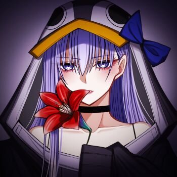 1girl animal_hood bare_shoulders black_jacket blue_eyes blush bow breasts choker collarbone commentary fate/grand_order fate_(series) flower highres hood hood_up jacket long_hair long_sleeves looking_at_viewer mcpc_zamurai meltryllis meltryllis_(fate) meltryllis_(swimsuit_lancer)_(fate) meltryllis_(swimsuit_lancer)_(first_ascension)_(fate) penguin_hood purple_hair sleeves_past_fingers sleeves_past_wrists solo