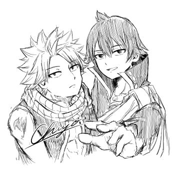 2boys 82_ftah_726 absurdres fairy_tail greyscale highres monochrome multiple_boys natsu_dragneel open_mouth scarf short_hair shoulder_tattoo signature simple_background spiked_hair tattoo upper_body white_background zeref