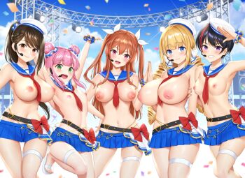 5girls adapted_costume arm_up armpits arms_up black_hair blonde_hair blue_eyes blue_sky blush breast_on_chest breasts brown_eyes brown_hair cloud cloudy_sky confetti copyright_request dress feet flat_chest grabbing_another&#039;s_arm green_eyes hair_bun hat headset inverted_nipples large_breasts long_hair medium_breasts multiple_girls navel necktie nipples one_leg_raised open_mouth palms_together pink_hair purple_eyes re:shimashima red_eyes red_hair sailor_dress short_hair skirt sky small_breasts smile stage stage_lights teeth twintails