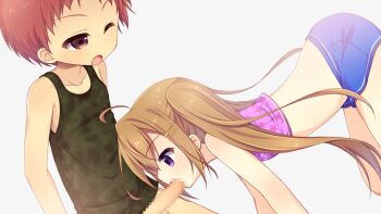 1boy 1girl ahoge aoi_aruma bent_over blue_shorts blush breasts brown_hair censored collarbone cowboy_shot fellatio from_side game_cg green_tank_top grey_background hair_between_eyes hair_ornament hairclip izuno_shiun_(jissai_no_tokoro) jissai_no_tokoro kodomo_doushi large_variant_set loli long_hair looking_at_penis mosaic_censoring one_eye_closed open_mouth oral penis pink_tank_top purple_eyes red_eyes red_hair short_hair shorts shota sidelocks simple_background small_breasts smile standing tank_top twintails variant_set very_long_hair very_short_hair