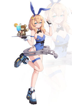 1boy absurdres animal_ears bridget_(guilty_gear) cuffs detached_collar fake_animal_ears fingerless_gloves gloves guilty_gear highres kisa_(leg3043) leotard male_playboy_bunny male_with_breasts playboy_bunny rabbit_ears rabbit_tail strapless strapless_leotard stuffed_animal stuffed_toy tail teddy_bear trap