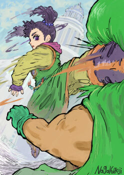 Rule 34 | 1boy, 1girl, artist name, black hair, blunt bangs, bodysuit, building, cloak, dragon quest, dragon quest iii, fingerless gloves, gloves, green cloak, green gloves, green tunic, hair bobbles, hair ornament, highres, kicking, long sleeves, martial artist (dq3), motion blur, naga160oji, open mouth, purple gloves, short twintails, tunic, twintails, yellow bodysuit