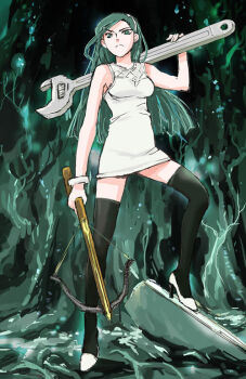 Rule 34 | 10s, 1girl, bow (weapon), cave, crossbow, female focus, kumashiro maya, long hair, seikimatsu occult gakuin, solo, thighhighs, weapon, wrench