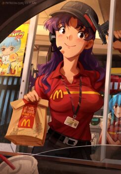 2girls ayanami_rei bag belt black_belt black_headwear blue_hair bolt_action breasts brown_eyes burger chris-chan commentary drink drive-thru english_commentary english_text finger_on_trigger food french_fries gun handgun hat headset highres holding holding_bag holding_food holding_gun holding_weapon ice_cream katsuragi_misato khyle. looking_at_viewer mauser_c96 mcdonald&#039;s mecha_pilot_suit meme multiple_girls neon_genesis_evangelion plugsuit_(evangelion) purple_hair red_eyes rei_chikita rifle smile sonichu tongue tongue_out weapon when_you_see_it