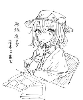 Rule 34 | 1girl, bow, capelet, chair, closed mouth, collared shirt, commentary, hair between eyes, hand on own chin, hat, hat bow, kashiwada kiiho, long sleeves, looking at viewer, ribbon-trimmed capelet, ribbon trim, shirt, short hair, simple background, sitting, sketch, smile, solo, table, touhou, translation request, usami renko, white background, white bow, white shirt