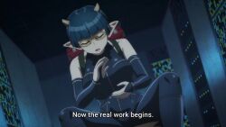 1boy 1girl animated anime_screenshot ass bag bare_shoulders black_bodysuit blue_hair bodysuit breasts brown_hair brown_jacket closed_eyes collarbone demon_girl demon_horns detached_sleeves glasses head_between_thighs highres horns huge_ass jacket large_breasts latex long_sleeves lv1_maou_to_one_room_yuusha pointy_ears short_hair sidelocks sitting sitting_on_person sound subtitled thick_thighs thighs video zenia_(lv1_maou_to_one_room_yuusha) zipper