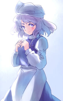 1girl apron blue_eyes blue_hair blue_skirt blue_vest blush commentary_request feet_out_of_frame grey_background hands_up hat juliet_sleeves letty_whiterock light_smile long_sleeves medium_hair one-hour_drawing_challenge own_hands_together puffy_sleeves rangycrow shirt sideways_glance skirt solo split_mouth touhou trident_ornament vest white_apron white_hat white_shirt