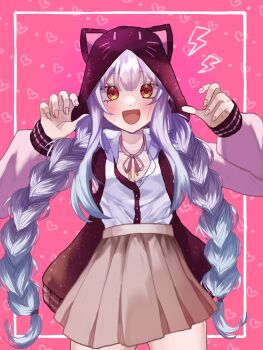 animal_hood animated animated_gif braid breasts cat_hood claw_pose commission constellation_print heart highres hood hoodie indie_virtual_youtuber miaguwu minase_amana pink_background pink_ribbon ribbon skeb_commission skirt smile twin_braids