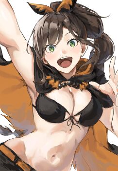 1girl :d arm_up armpits belt bikini bikini_top_only black_bikini black_cape black_shorts breasts brown_hair cape cleavage commentary_request danroneko front-tie_bikini_top front-tie_top green_eyes hair_ribbon halloween halloween_costume high_ponytail highres large_breasts long_hair looking_at_viewer multi-tied_hair navel open_mouth orange_belt orange_cape ponytail re:zero_kara_hajimeru_isekai_seikatsu ribbon shaula_(re:zero) shorts simple_background smile solo stomach swimsuit two-tone_cape white_background