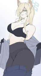 Rule 34 | animal ear fluff, animal ears, bare shoulders, black bra, black gloves, black panties, black pantyhose, blonde hair, blue archive, blue eyes, blue pants, bra, breasts, cleavage, clenched teeth, collarbone, denim, dog ears, dog girl, gloves, hair over one eye, high-waist pantyhose, highres, jeans, kanna (blue archive), large breasts, long hair, looking at viewer, nine (kanine41), panties, panties visible through clothes, pants, pantyhose, plump, removing pants, scowl, teeth, underwear, undressing