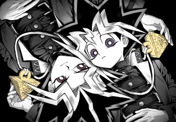 2boys arm_up belt belt_buckle black_background buckle chest_belt closed_mouth coat curtained_hair hand_on_own_stomach highres lapels long_sleeves looking_at_another looking_down looking_to_the_side male_focus millennium_puzzle multiple_belts multiple_boys muto_yugi ncxlsxls notched_lapels parted_lips purple_eyes simple_background smile spiked_hair spot_color yami_yugi yu-gi-oh! yu-gi-oh!_duel_monsters