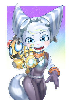 2girls absurdres alien animal_ears breasts earrings furry goggles highres jewelry kit_(ratchet_&amp;_clank) machine mechanical_arms multiple_girls ratchet_&amp;_clank ratchet_&amp;_clank:_rift_apart red_eyes rivet_(ratchet_&amp;_clank) robot_girl scarf single_mechanical_arm striped_tail tail