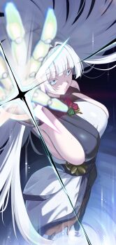 +_+ 1girl absurdres breasts colored_eyelashes dori_(choejeongmin7) goddess_of_victory:_nikke grey_hair highres large_breasts mechanical_arms mole mole_on_breast monk nayuta_(nikke) single_mechanical_arm solo split-color_clothes thick_eyelashes unusually_open_eyes white_eyelashes