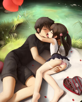 1boy 1girl age_difference armpits ass balloon black_shorts box box_of_chocolates chocolate closed_eyes copyright_request couple crumbles french_kiss heart-shaped_box hetero highres kiss layered_skirt loli microskirt open_mouth outdoors panties pink_panties pond shirt shorts skirt sleeveless sleeveless_shirt thigh_grab thighhighs tongue tongue_out twintails underwear upskirt valentine water white_thighhighs