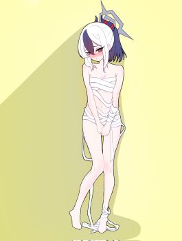 1girl bandaged_chest bandaged_torso bandages black_hair black_horns blue_archive blush commentary_request corrupted_twitter_file demon_horns embarrassed full_body grey_halo hair_between_eyes halo highres horns kayoko_(blue_archive) looking_at_viewer missing_wings mixed-language_commentary multicolored_hair mummy_costume naked_bandage navel ntnjojo0807 red_eyes solo two-tone_hair white_hair