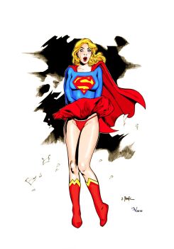 1girl alien blonde_hair blue_eyes boots breasts cape dc_comics female_focus full_body highres kryptonian legs lipstick looking_at_viewer makeup panties red_cape red_panties red_skirt skirt solo standing supergirl surprised thighs underwear wind
