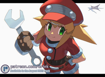 1girl black_bodysuit blonde_hair bodysuit brown_gloves clenched_hands closed_mouth commentary cropped_shirt english_commentary eyelashes from_above gloves green_eyes hair_between_eyes hat holding holding_wrench looking_at_viewer mega_man_(series) mega_man_legends_(series) orlek red_hat red_shirt red_shorts roll_caskett_(mega_man) shirt shorts smile solo wrench