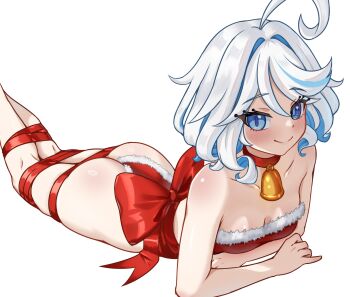Rule 34 | 1girl, absurdres, ahoge, ass, bare shoulders, bell, blue eyes, blue hair, blush, breasts, christmas, commentary, english commentary, furina (genshin impact), genshin impact, hair between eyes, highres, looking at viewer, lying, neck bell, necktie, on stomach, ribbon, short hair, smile, white background, white hair, wrapped up, zancrowkami