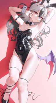 Rule 34 | 1girl, animal ear hairband, animal ears, arm up, armpits, black horns, black leotard, black nails, blue archive, bow, bowtie, commentary request, demon horns, demon wings, detached collar, earclip, fake animal ears, gradient hair, grey halo, hairband, halo, highleg, highleg leotard, highres, horns, kayoko (blue archive), leotard, long hair, looking at viewer, lying, multicolored hair, nail polish, on back, pang fare, playboy bunny, rabbit ear hairband, rabbit ears, single wing, solo, strapless, strapless leotard, two-tone hair, untied ribbon, white hair, white wrist cuffs, wings, wrist cuffs
