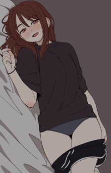 1girl :d aroused bed_sheet black_shirt black_shorts blush blush_stickers brown_eyes brown_hair clothes_pull commentary_request dolphin_shorts dutch_angle grey_background grey_panties hair_between_eyes highres kapatarou legs long_hair looking_at_viewer lying nose_blush on_side open_mouth original panties pants pants_pull shirt short_shorts short_sleeves shorts simple_background smile thick_eyebrows underwear