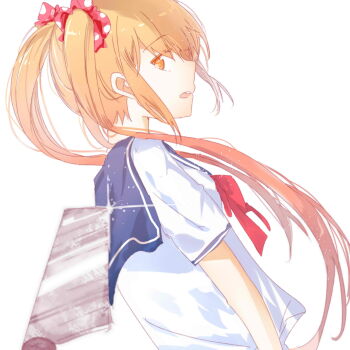 Rule 34 | 1girl, absurdres, bow, commentary request, from side, highres, long hair, looking at viewer, orange eyes, orange hair, osana najimi (yandere simulator), saika (pixiv), school uniform, serafuku, shirt, short sleeves, skirt, solo, twintails, upper body, yandere simulator