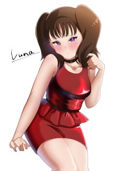 Rule 34 | 1girl, bare shoulders, blush, breasts, brown hair, diane (nanatsu no taizai), dress, highres, long hair, looking at viewer, love diane, nanatsu no taizai, purple eyes, sleeveless, twintails, white background