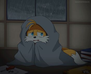 animated animated_gif blanket blonde_hair child fox furry gloves lightning maneki_penguin multiple_tails night rain scared screaming sega sonic_(series) tail tails_(sonic) tears thunder two_tails under_covers wavy_mouth yellow_fox
