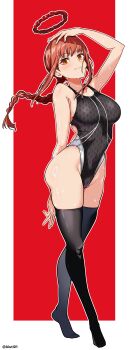 1girl absurdres aiuti black_one-piece_swimsuit black_thighhighs braid braided_ponytail breasts brown_eyes brown_hair chainsaw_man commentary_request competition_swimsuit full_body halo highres large_breasts long_hair looking_at_viewer makima_(chainsaw_man) one-piece_swimsuit red_background ringed_eyes sidelocks single_braid solo swimsuit thighhighs two-tone_background two-tone_swimsuit wet wet_hair