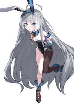 1girl absurdres ahoge animal_ears arms_behind_back black_boots black_leotard blue_eyes boots breasts commentary_request detached_collar fake_animal_ears female_tyrant_(stella_sora) full_body grey_hair highres jewelry key key_necklace korean_commentary leaning_forward leotard long_hair necklace nukki_(vvav7534) playboy_bunny pointy_ears rabbit_ears restrained simple_background single_leg_pantyhose small_breasts solo standing standing_on_one_leg stella_sora strapless strapless_leotard sweatdrop tyrant_(stella_sora) very_long_hair white_background
