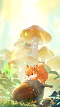 absurdres acorn black_eyes bug butterfly commentary_request forest glowing_butterfly grass highres insect leaf light_rays makoron117117 mushroom nature no_humans original squirrel sunbeam sunlight tail