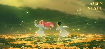 000balloon 2girls absurdres alien_stage beamed_eighth_notes beamed_sixteenth_notes black_hair closed_eyes commentary copyright_name dated dress english_text field flat_sign floating_hair flower flower_field glasses grass half_note highres holding holding_flower long_hair long_sleeves mizi_(alien_stage) multiple_girls musical_note natural_sign open_mouth pink_hair quarter_note quarter_rest running short_hair signature smile sua_(alien_stage) very_long_hair white_dress yellow_flower